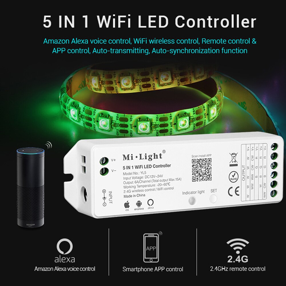 미 라이트/MIBOXER 5IN1 와이파이 LED 스마트 컨트롤러 단일 색상 RGB + CCT RGB RGBW LED 스트립 아마존 알렉사 음성 전화 원격